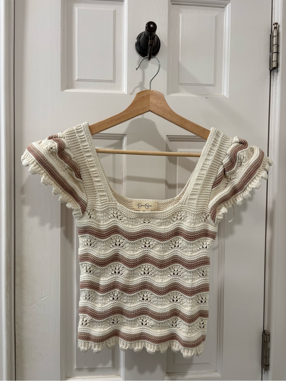 Jessica Simpson Cream Crochet Knit Top | Brown Striped | Size Small | Like New